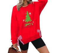 Chandail de Noël pour femme avec fente latérale et nœud imprimé - Pull amusant à col rond et manches longues, Rouge, XXL