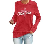 Chandail de Noël pour femme avec imprimé croix chrétienne, col rond, haut de Noël vintage à manches longues, Rouge, XL