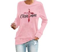 Chandail de Noël pour femme avec imprimé croix chrétienne, col rond, haut de Noël vintage à manches longues, rose, S