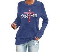 Chandail de Noël pour femme avec imprimé croix chrétienne, col rond, haut de Noël vintage à manches longues, bleu marine, L