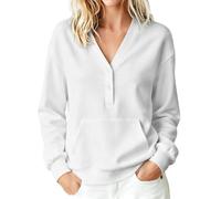 Chandail décontracté à manches longues et col en V boutonné pour femme, blanc, M