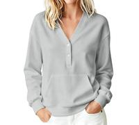 Chandail décontracté à manches longues et col en V boutonné pour femme, gris, L