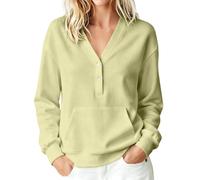 Chandail décontracté à manches longues et col en V boutonné pour femme, jaune clair, M