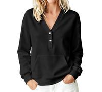 Chandail décontracté à manches longues et col en V boutonné pour femme, Noir , L