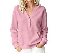 Chandail décontracté à manches longues et col en V boutonné pour femme, rose, M