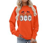 Chandail d'Halloween pour femmes, motif fantôme mignon qui boit du café, haut à manches longues, pull décontracté à col ras du cou, Orange, XL
