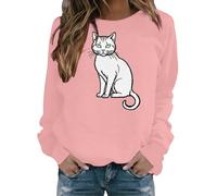 Chandail en coton molletonné à col rond et à manches longues pour femme, haut léger et décontracté pour amoureux des chats, rose, S
