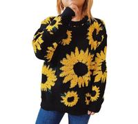 Chandail Femme en Crochet,Pull en Fair Isle à Motif Tournesol Tunique Oversize Confortable à Manches Longues Fil d'automne/Hiver