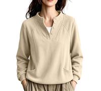 Chandail Henley décontracté à manches longues boutonné pour femme, beige, 3XL