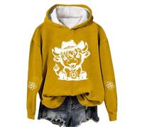Chandails de Noël pour femmes - Grande taille - Pull ample décontracté - Avec capuche - Pull de Noël à capuche - Essentiels de vacances - Vache Highland, jaune, 3XL