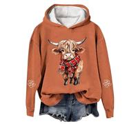 Chandails de Noël pour femmes - Grande taille - Pull ample décontracté avec capuche - Pull de Noël à capuche - Vêtements de rue - Essentiels de vacances - Vache Highland, Orange, 3XL