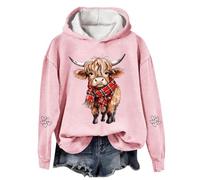 Chandails de Noël pour femmes - Grande taille - Pull ample décontracté avec capuche - Pull de Noël à capuche - Vêtements de rue - Essentiels de vacances - Vache Highland, rose, 3XL