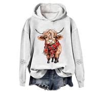 Chandails de Noël pour femmes - Grande taille - Pull ample décontracté avec capuche - Pull de Noël à capuche - Vêtements de rue - Essentiels de vacances - Vache Highland, blanc, 3XL