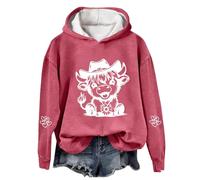 Chandails de Noël pour femmes - Grande taille - Pull ample décontracté - Avec capuche - Pull de Noël à capuche - Essentiels de vacances - Vache Highland, rouge pastèque, XL