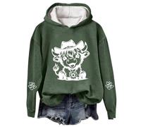 Chandails de Noël pour femmes - Grande taille - Pull ample décontracté - Avec capuche - Pull de Noël à capuche - Essentiels de vacances - Vache Highland, Vert, 3XL