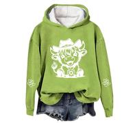Chandails de Noël pour femmes - Grande taille - Pull ample décontracté - Avec capuche - Pull de Noël à capuche - Essentiels de vacances - Vache Highland, vert clair, 3XL