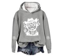 Chandails de Noël pour femmes - Grande taille - Pull ample décontracté - Avec capuche - Pull de Noël à capuche - Essentiels de vacances - Vache Highland, gris, 3XL