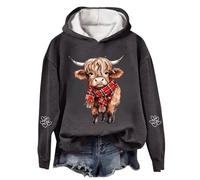 Chandails de Noël pour femmes - Grande taille - Pull ample décontracté avec capuche - Pull de Noël à capuche - Vêtements de rue - Essentiels de vacances - Vache Highland, gris foncé, XL