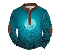Chandails d'Halloween pour homme avec imprimé chauve-souris effrayante - Pull d'automne à manches longues boutonné Henley - Costumes de vacances pour adultes 2025, bleu, L