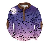 Chandails d'Halloween pour homme avec imprimé chauve-souris effrayante - Pull d'automne à manches longues boutonné Henley - Costumes de vacances pour adultes 2025, violet, 3XL