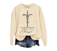 Chandails en coton molletonné pour femme - Pull de Noël pour femme - Imprimé à manches longues - Pull de Noël avec le Christ, beige, XL