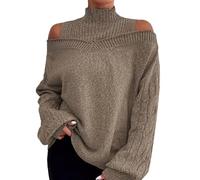 Chandails unis pour femmes - Hauts de Noël pour femmes 2024 et hiver - Pull à épaules dénudées - Pull mi-col roulé et manches huit amples pour entraînement en plein air, kaki, XXL