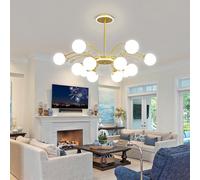 Chandelier 6-Lights Globe Mid Century Chandelier Sputnik Light Fixture with G9 Brushed Metal Finished with White Globe Glass Lampshade Dining Kitchen Island Bedroom Hanging/D/12