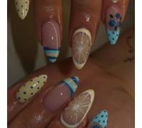 Changez vos ongles avec ceci, 24 pièces/set de faux ongles à coller de forme amande mi-longue, design 3D gaufré citron et myrtille, bleu et jaune mignon à pois et carreaux, style mode doux, couverture