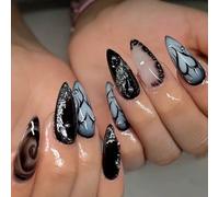 Changez vos ongles avec cela, 24 pièces/set d'ongles à coller élégants et glamour avec contraste de couleur sombre et cœur 3D argenté, forme amande française, comprend 1 pièce de colle gelée et 1 pièc