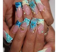 Changez vos ongles avec cela, 24 pièces/set Style Y2K Doux et Cool Été Rafraîchissant Bleu Vert Dégradé Océan Vague Français 3D Fleur Étoile de Mer Coquillage Décoration Ongles Faux Moyens Longs à Col