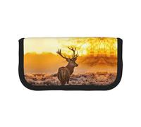 CHANGLEI Antler Red Deer Trousse à crayons en toile robuste avec motif imprimé complet, double fermeture éclair, bordure noire contrastée, organiseur multi-usage