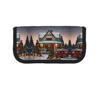 CHANGLEI Farmhouse Christmas Trousse à crayons en toile robuste avec motif imprimé complet, double fermeture éclair, bordure noire, organiseur multi-usage