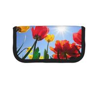 CHANGLEI Flowers in Sunshine Trousse à crayons en toile robuste avec motif imprimé complet, double fermeture éclair, bordure noire, organiseur multi-usage, Noir , Taille unique, Organiseur de sac