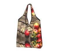 CHANGLEI Fruits on Wood Floor Sac à provisions réutilisable pliable avec impression intégrale, sac d'épicerie, sac de transport compact, peut contenir 22,7 kg, respectueux de l'environnement, lavable