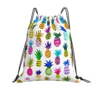 CHANGLEI Grand sac à dos décontracté avec cordon de serrage imprimé arc-en-ciel ananas en polyester résistant à l'eau, léger et durable, dos contrasté noir pour la gym, le yoga, les voyages