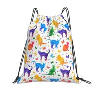 CHANGLEI Grand sac à dos décontracté avec cordon de serrage imprimé papillon à pois et chat, polyester résistant à l'eau, léger et durable, dos contrasté noir pour la gym, le yoga, les voyages