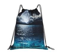 CHANGLEI Moon And Sea Grand sac à dos décontracté avec cordon de serrage imprimé, polyester résistant à l'eau, léger et durable, dos contrasté noir pour la gym, le yoga, les voyages