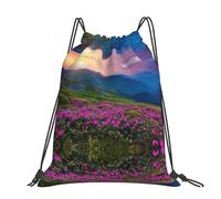 CHANGLEI Nature Violet Fleurs Prairie Montagne Scénique Grand Sac à Dos Décontracté Cordon Avec Imprimé, Polyester Résistant à L'eau, Léger Durable, Dos Contraste Noir Pour Gym, Yoga, Voyage
