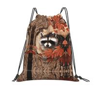 CHANGLEI Raccoon In The Fall Tree Hole Grand sac à dos décontracté avec cordon de serrage avec impression, polyester résistant à l'eau, léger et durable, dos contrasté noir pour la gym, le yoga, les