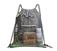 CHANGLEI Rural House Grand sac à dos décontracté avec cordon de serrage avec impression, polyester résistant à l'eau, léger et durable, dos contrasté noir pour la gym, le yoga, les voyages