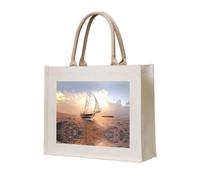 CHANGLEI Sac fourre-tout en toile robuste et respectueux de l'environnement, motif bateau à voile blanc au coucher du soleil, grand sac de courses réutilisable avec impression double face, poignées de