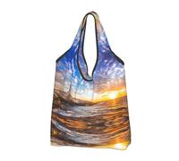 CHANGLEI Sea Sunset Sac de courses réutilisable pliable avec impression intégrale, imperméable, pochette de transport compacte, peut contenir 22,7 kg, respectueux de l'environnement, lavable en