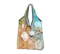 CHANGLEI Seashell On Beach Sac de courses réutilisable pliable avec impression intégrale, sac d'épicerie, sac de transport compact, peut contenir 22,7 kg, respectueux de l'environnement, lavable en