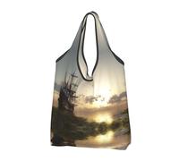 CHANGLEI Ship In The Lake Sunset Sac de courses réutilisable pliable avec impression intégrale, sac d'épicerie, sac de transport compact, peut contenir 22,7 kg, respectueux de l'environnement, lavable
