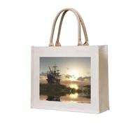 CHANGLEI Ship In The Lake Sunset Sac fourre-tout en toile robuste respectueux de l'environnement, grand sac de courses réutilisable avec impression double face, poignées de transport confortables et