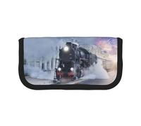 CHANGLEI Steam Train Depart Sunset Trousse à crayons en toile robuste avec motif imprimé complet, double fermeture éclair, bordure noire contrastée, organiseur multi-usage