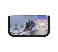 CHANGLEI Steam Train Depart Sunset Trousse à crayons en toile robuste avec motif imprimé complet, double fermeture éclair, bordure noire contrastée, organiseur multi-usage