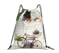 CHANGLEI Stone House With Bike Grand sac à dos décontracté avec cordon de serrage avec impression, polyester résistant à l'eau, léger et durable, dos contrasté noir pour la gym, le yoga, les voyages
