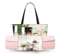 CHANGLEI Stone House With Bike Sac de tapis de yoga pour femme avec impression intégrale, sac de gym léger en polyester, poche ouverte sur le devant pour tapis de yoga, serviette