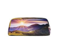 CHANGLEI Sunshine in Mountains Trousse à crayons en cuir personnalisée pour filles et garçons, trousse à crayons légère imprimée, doré, Taille unique, Organiseur de sac